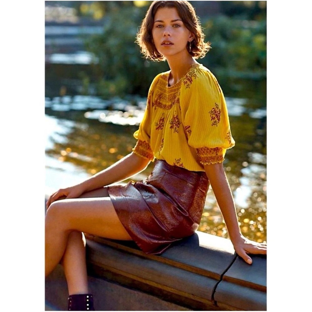 Maeve Anthropologie Patent Faux Leather Mini Skirt 6 Brown Glossy Edgy Y2K Club‎